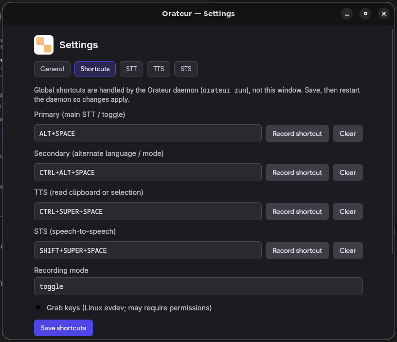 Settings — Shortcuts